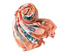 Load image into Gallery viewer, Peach Salmon Floral and Green Foliage Cotton Viscose Scarf
