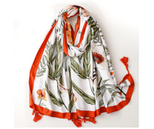 Load image into Gallery viewer, Deep Marmalade Orange and Moss Green Tropical Floral Cotton Viscose Scarf

