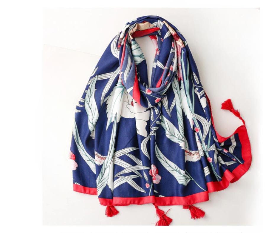 Tropical Navy Blue and Red Floral Cotton Viscose Scarf