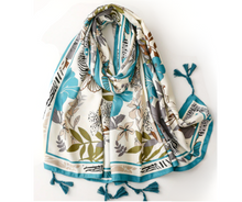 Load image into Gallery viewer, Tropical Teal and Beige Floral Cotton Viscose Scarf
