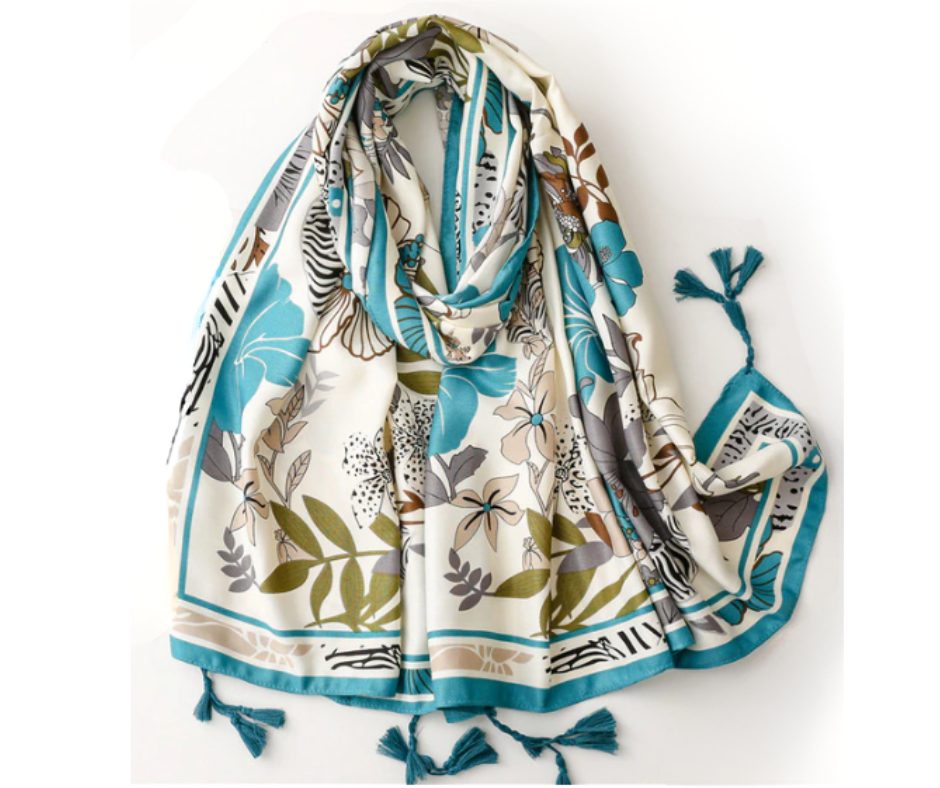 Tropical Teal and Beige Floral Cotton Viscose Scarf