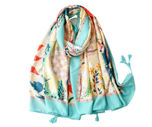 Load image into Gallery viewer, Teal Sea Foam Floral and Tropical Foliage Cotton Viscose Scarf
