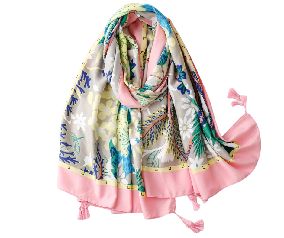 Soft Pink Floral and Tropical Foliage Cotton Viscose Scarf