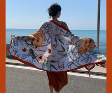 Load image into Gallery viewer, Deep Marmalade Orange and Moss Green Tropical Floral Cotton Viscose Scarf
