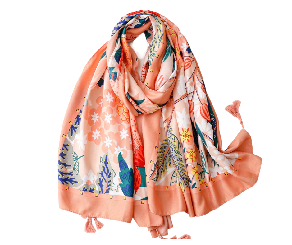 Peach Salmon Floral and Green Foliage Cotton Viscose Scarf