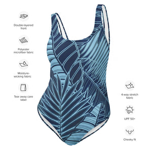 Navy Blue Palm Leaves One-Piece Swimsuit