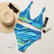Load image into Gallery viewer, Blue Ocean Swirl recycled high-waisted bikini swimsuit
