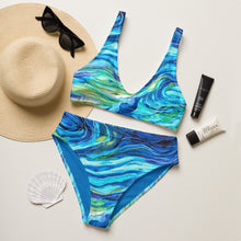 Load image into Gallery viewer, Blue Ocean Swirl recycled high-waisted bikini swimsuit
