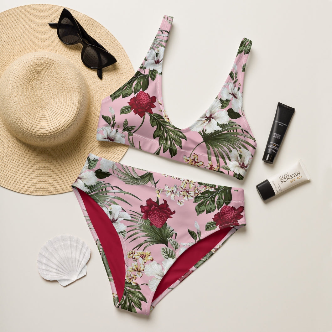 Hawaiian Pink Floral recycled high-waisted bikini swimsuit
