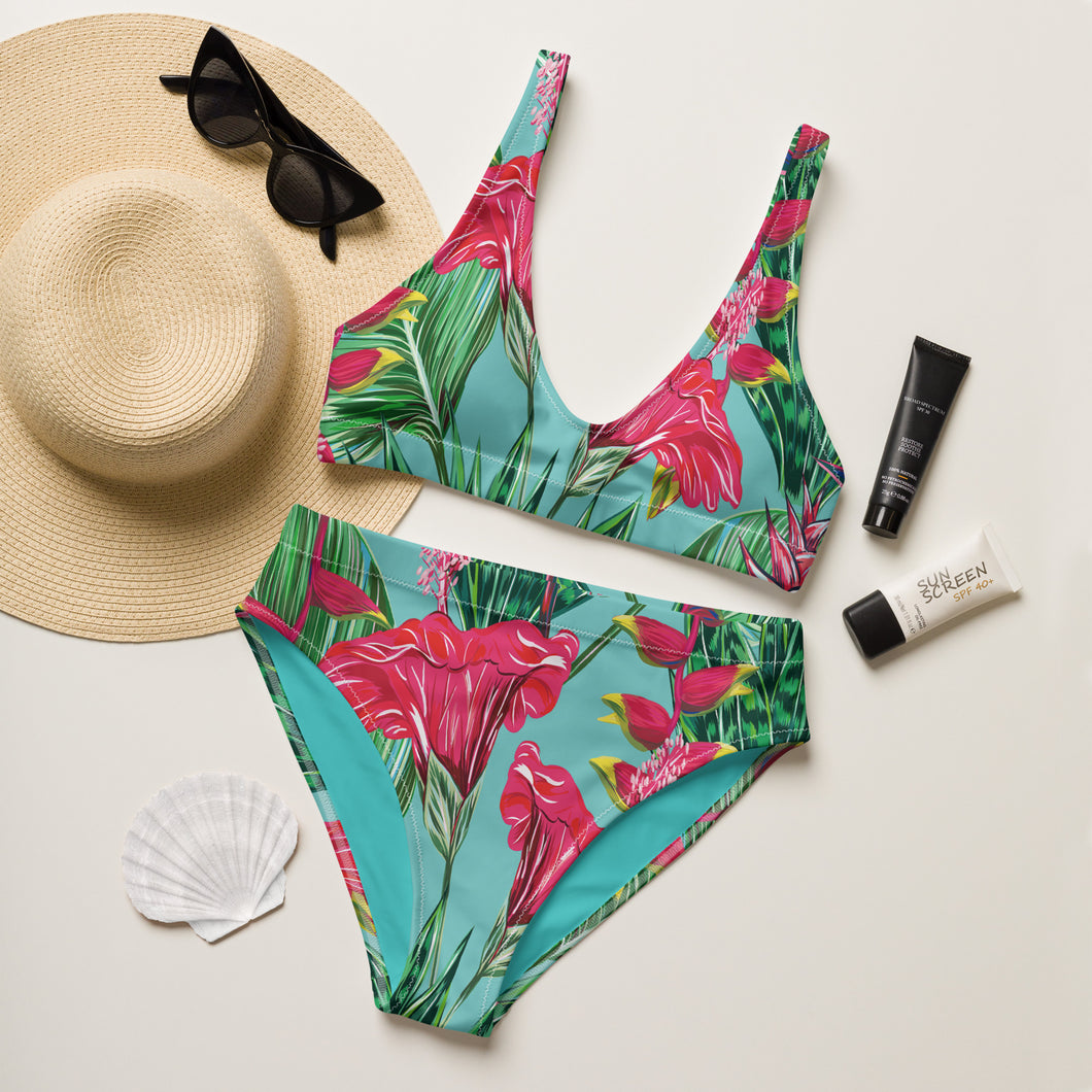 Tropical Paradise Floral recycled high-waisted bikini swimsuit