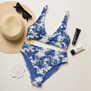 Blue Hawaiian Floral Recycled high-waisted bikini swimsuit